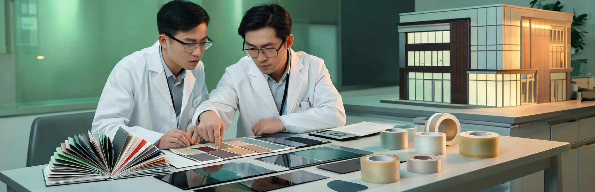 Materials engineers reviewing film samples